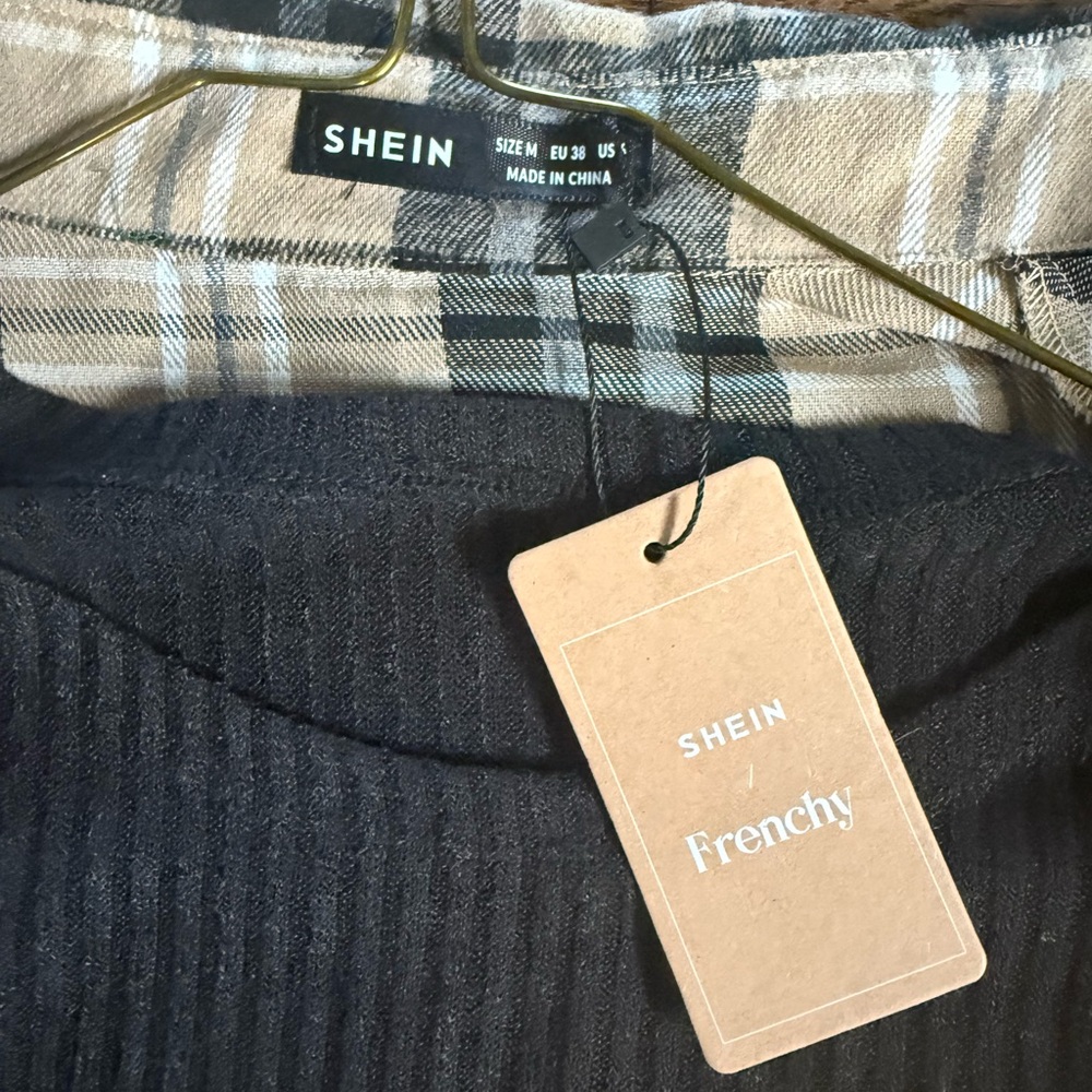 SHEIN Black Ribbed Top with Tan Plaid Detail